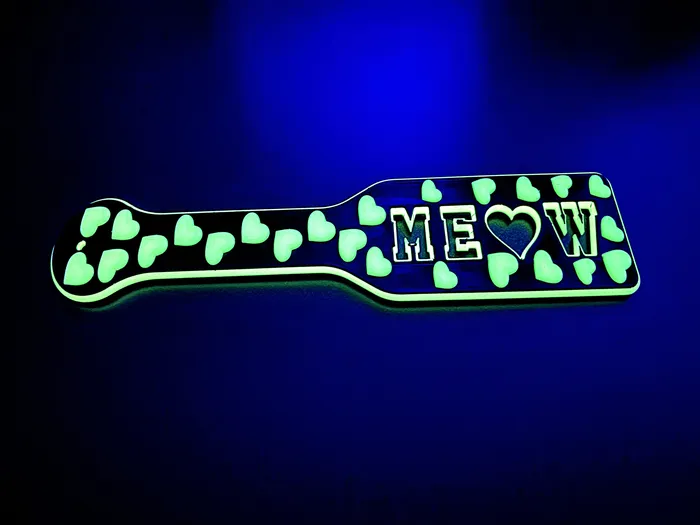 FetishToyBox Dildos 3D Printed Spanking Paddle MEOW Black and Glow in the Dark