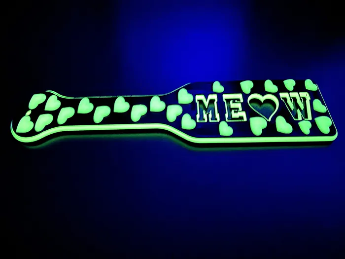 FetishToyBox Dildos 3D Printed Spanking Paddle MEOW Black and Glow in the Dark